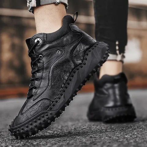 Men Microfiber Leather Martin Boots High Top Lace-Up Non-Slip Hiking Shoes British Style Handcrafted Outdoor Footwear