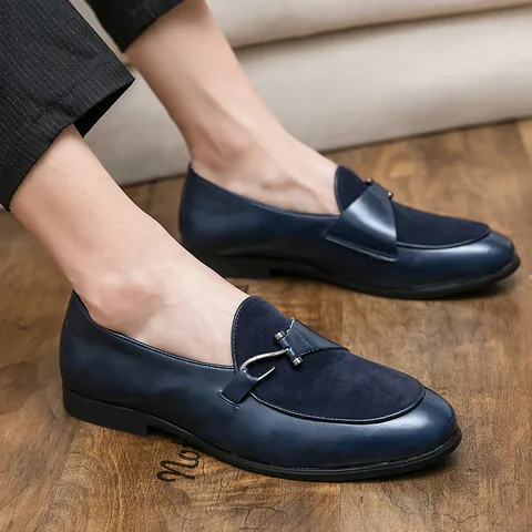 Men British Casual Loafers Slip-on Bean Shoes Breathable PU Leather Dress Shoes With Metal Buckle Size 38-48 Flat Loafers