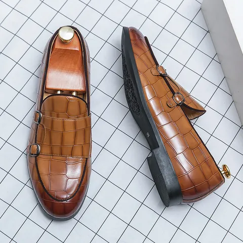 Herren Doppelter Mönchsriemen Loafer Krokodilmuster Spitze Zehe Business Formelle Halbschuhe Hochzeit Büro Arbeitsschuhe