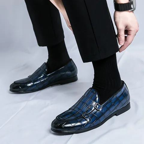 Herren Doppelter Mönchsriemen Loafer Krokodilmuster Spitze Zehe Business Formelle Halbschuhe Hochzeit Büro Arbeitsschuhe
