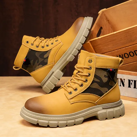 Men British Style Martin Boots High Top Workwear Leather Boots Thick Sole Waterproof Anti Slip Outdoor Hiking Boots For Men