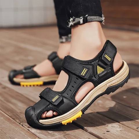 Sandalias de Exterior de Punta Cerrada para Hombre Zapatos de Senderismo de Cuero Dividido Transpirables Informales
