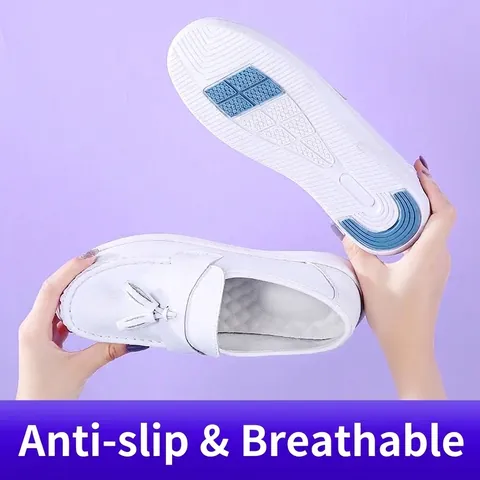 Women Cowhide Leather Nurse Shoes Slip Resistant Platform Loafers Soft Sole Professional Medical Work Shoes Tassel White Black