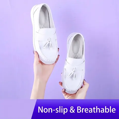 Women Cowhide Leather Nurse Shoes Slip Resistant Platform Loafers Soft Sole Professional Medical Work Shoes Tassel White Black