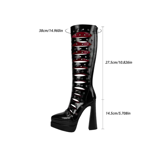 Women Punk Gothic Knee High Boots Cut Out Metal Grommet Chunky Heel Platform Pointed Toe PU Leather Fashion Tall Boots Back Zipper Cool Style