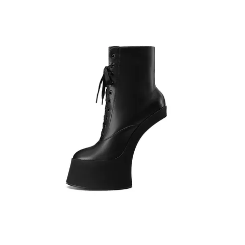 Women Heelless Platform Ankle Boots Black Lace Up Side Zipper PU Leather Martin Boots High Heel Performance Shoes