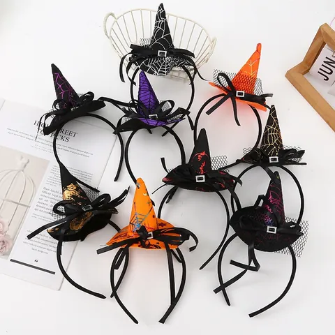 Halloween Witch Hat Headband Spider Web Bat Pattern Rhinestone Decor Party Hair Accessory For Women Kids Holiday Costume Accessory