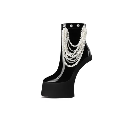 Women's Patent Leather Heelless Platform Boots Gothic Artificial Pearl Chain Side Zipper High Heel Martin Boots Performance Shoes