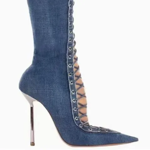 Women Pointed Toe Stiletto High Heel Sandal Boots Crisscross Lace Up Hollow Out Microfiber PU Fashion Sexy Party Boots