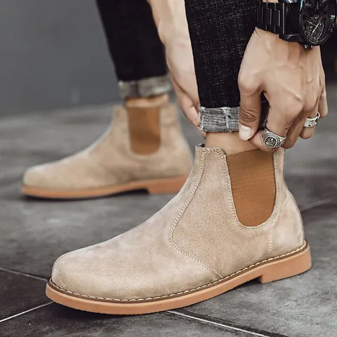 Stivali Chelsea da Uomo in Camoscio Autunno Inverno Caldi Foderati in Peluche Stivaletti Martin Moda Coreana Casual
