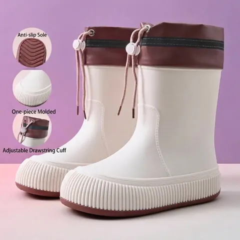 Women Mid-Calf Rain Boots Waterproof Non-Slip EVA Material Drawstring Closure Garden Work Shoes Soft Sole Boots