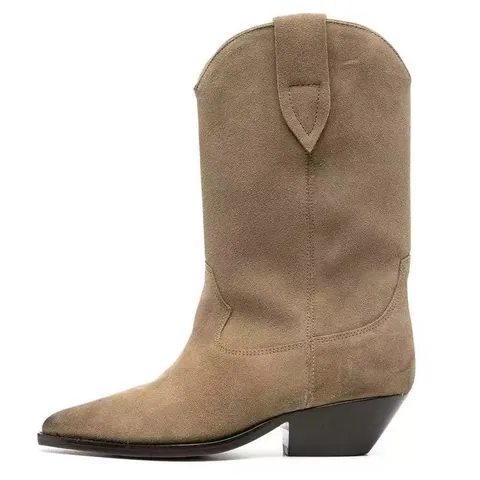 Dames Western Cowboy Laarzen Puntige Teen Blokhak Brede Schacht PU Suède Enkellaarsjes Vintage Herfst Winter Schoenen
