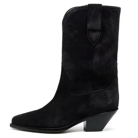 Dames Western Cowboy Laarzen Puntige Teen Blokhak Brede Schacht PU Suède Enkellaarsjes Vintage Herfst Winter Schoenen