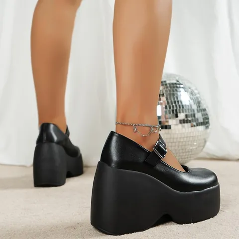 Women Vintage Mary Jane Platform Wedge Shoes Retro Round Toe Matte PU Leather High Heel Shoes For Daily Wear