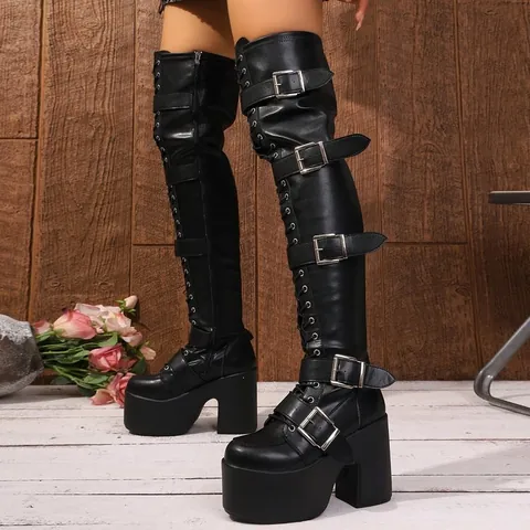 Punk Dark Subculture Over Knee Boots Women Platform Chunky Heel Buckle Lace Up Gothic PU Leather Fashion Boots