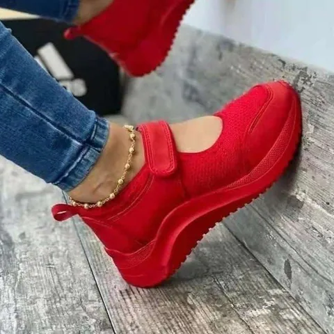 Women Casual Mesh Sneakers Breathable Wedge Platform Shoes Hook And Loop Walking Slip-on Sneakers Plus Size Ladies Footwear