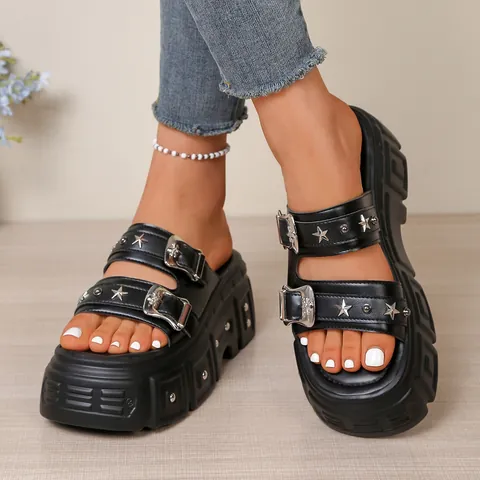 Women Star Studded Platform Sliders Black Double Buckle Y2K Punk Style Thick Sole Beach Slippers Casual Height Increasing Shoes