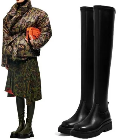 Botas Sexy por encima de la Rodilla de Estilo Occidental para Mujer Botas de Tacón Grueso y Plataforma Elásticas Negro Rojo Cuero PU