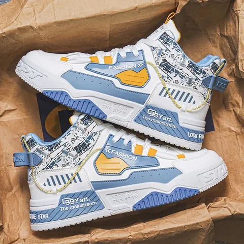Sneaker da Uomo Alte Alla Moda con Blocchi di Colore Stampa Graffiti Scarpe Casual Resistenti all'Usura Antiscivolo Sportive per Adolescenti