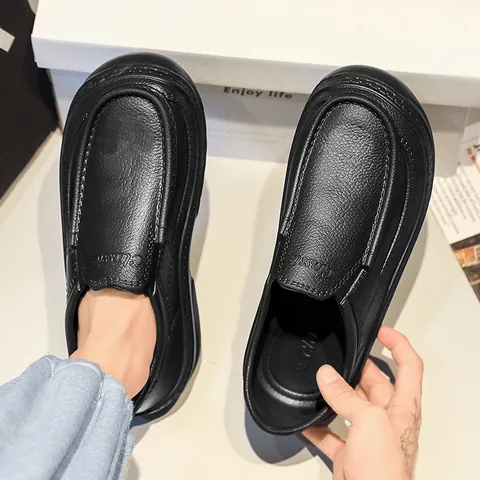 Men's Black Chef Shoes Waterproof Oil-proof Non-slip Slip-on PU Leather Kitchen Safety Work Shoes Professional Footwear