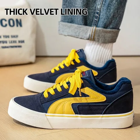 Men's Winter Fleece Lined Canvas Sneakers Casual Retro Color Block Skate Shoes Warm Thick Sole Non-Slip Walking Shoes For Teens