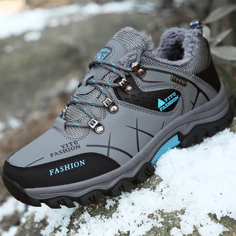 Men Winter Warm Fur Lined Hiking Boots Waterproof Non-slip Outdoor Climbing Shoes Fashion Casual Plus Size Trekking Sneakers