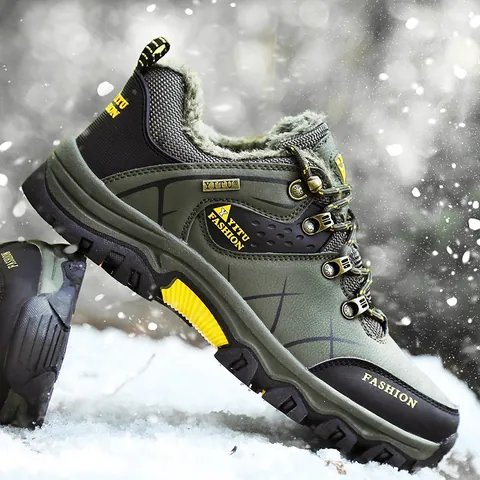 Men Winter Warm Fur Lined Hiking Boots Waterproof Non-slip Outdoor Climbing Shoes Fashion Casual Plus Size Trekking Sneakers