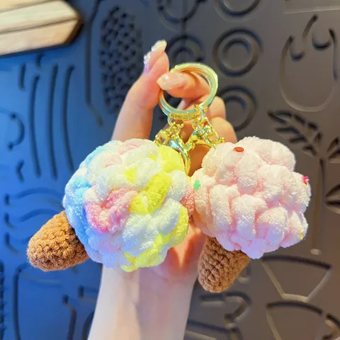Cute Colorful Plush Ice Cream Cone Keychain Hand-Woven Crochet Bag Pendant For Women Girls Gift Kawaii Dessert Shape Key Ring