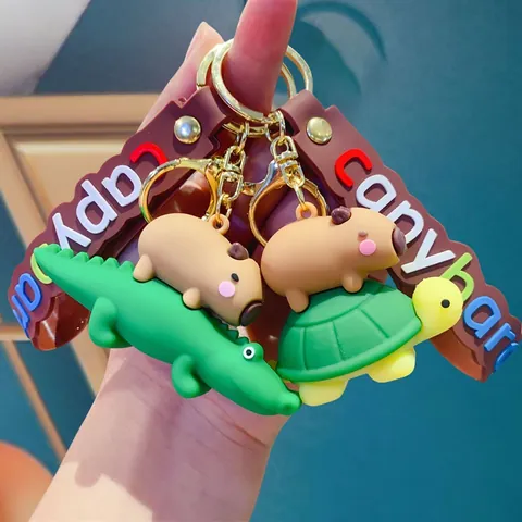 Creative Cartoon Capybara Silicone Keychain Cute Animal Capybara Bag Pendant With Letter Strap Gold Metal Key Ring Gift