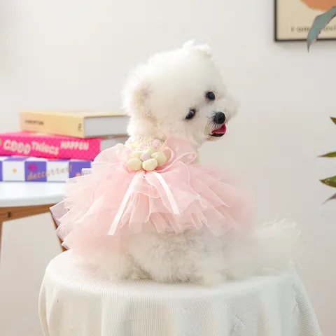 Pet Princess Dress Multi Layer Mesh Tulle Puppy Skirt Spliced Tweed Knit Cute Pet Dress Bowknot Flower Decoration For Small Dogs Cats Apparel