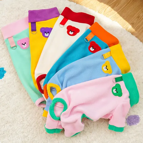 Pet Fleece Four-Legged Clothes Warm Color Block Dog Jumpsuit Coat With Leash Ring Winter Autumn Puppy Cat Apparel