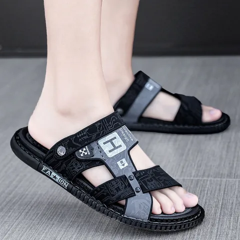 Herren Casual Sommer Outdoor Strand Sandalen Doppelzweck Sportlich Rutschfest PU Sandalen Zum Autofahren Wandern Schwarz Grau