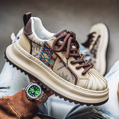 Men's Trendy Shell-Toe Sneakers Thick Platform Sole Microfiber Rubber Breathable Casual Ethnic Pattern Daddy Shoes For Youth Spring 2025