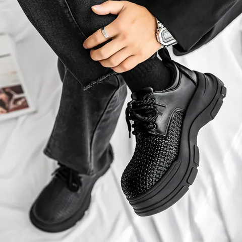 Scarpe Derby Suola Spessa da Uomo Plateau Rialzato Stile Britannico Punta Arrotondata Trama Intrecciata Scarpe Casual in Pelle Sintetica