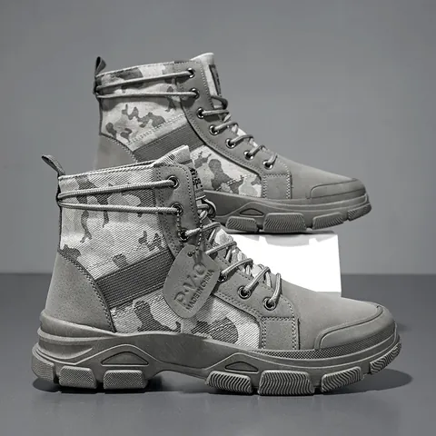 Men Camouflage Martin Boots High-top Canvas Faux Leather Splicing Work Boots Non-slip Durable Lace-up Outdoor Casual Shoes