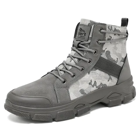 Men Camouflage Martin Boots High-top Canvas Faux Leather Splicing Work Boots Non-slip Durable Lace-up Outdoor Casual Shoes