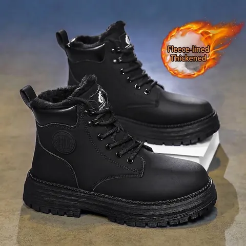 Men Leather High Top Work Boots Winter Warm Fleece Lined Thick Sole Motorcycle Boots Retro Yellow Boots For Outdoor