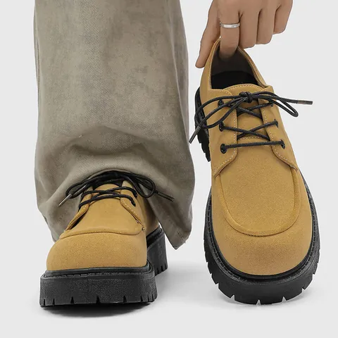 American Retro Suede Thick Sole Derby Shoes For Men British Workwear Martin Shoes Round Toe Platform Lace Up Casual Dress Shoes