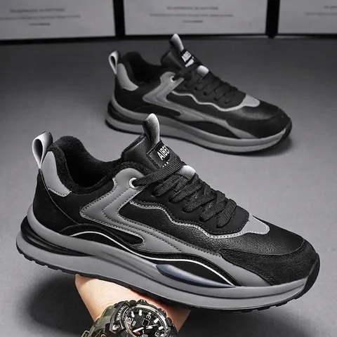 Men Work Safety Shoes Microfiber Leather Sneakers Autumn Winter Warm Fleece Lined Casual Sporty Anti-slip Chunky Shoes