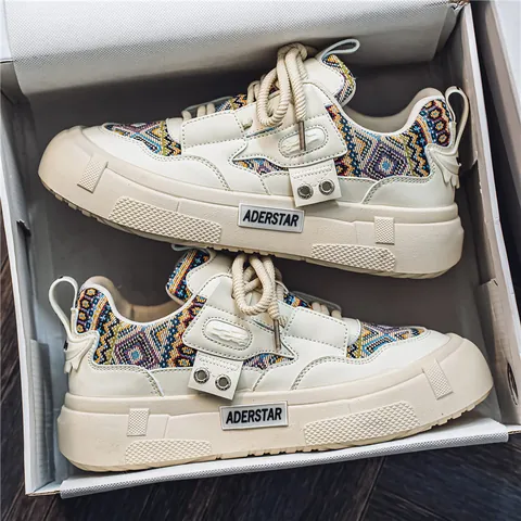 Zapatillas de Skate Chunky para Hombre Estilo Hong Kong Cuero de Microfibra Patrón Geométrico Suela Gruesa Deportivas Transpirables