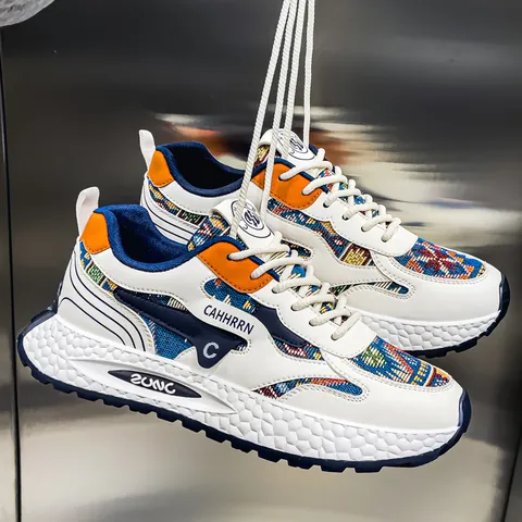 Sneakers Chunky da Uomo Suola Spessa Retro Motivo Etnico Patchwork Pelle Mesh Traspirante Taglio Basso Casual Sportive