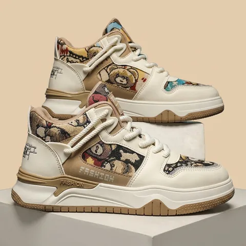 Scarpe da Skate Alte da Uomo con Plateau Orso Cartone Animato Jacquard Patchwork Moda Casual Sneakers in Tela