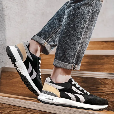 Heren Retro Wafel Sneakers Color Block Dad Shoes Ademend Mesh PU Leer Rubberen Zool Casual Sportschoenen