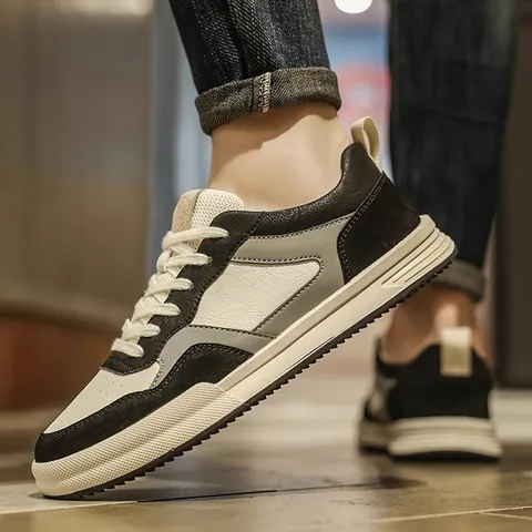 Zapatos de Skateboard Planos Casuales para Hombre Cuero de Microfibra Contraste de Color Antideslizantes Zapatillas Resistentes al Desgaste