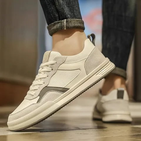 Zapatos de Skateboard Planos Casuales para Hombre Cuero de Microfibra Contraste de Color Antideslizantes Zapatillas Resistentes al Desgaste