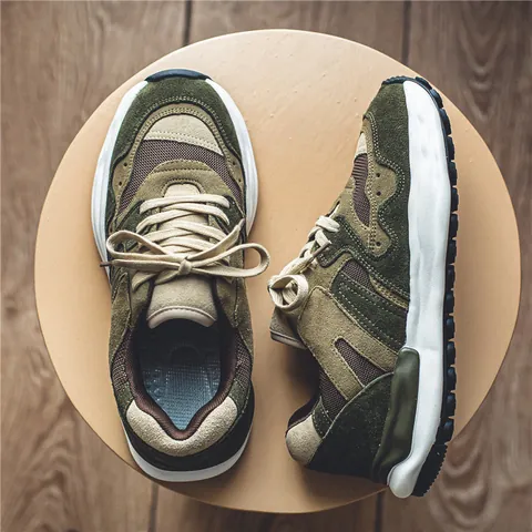 Men Casual Shoes Retro Thick Sole Sneakers Breathable Low Top Running Shoes Patchwork Design Microfiber Rubber Sneakers