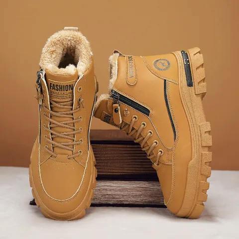Botas Martin para Hombre Cuero de Microfibra Zapatos de Trabajo Suela Gruesa Cremallera Lateral Botas de Invierno con Forro