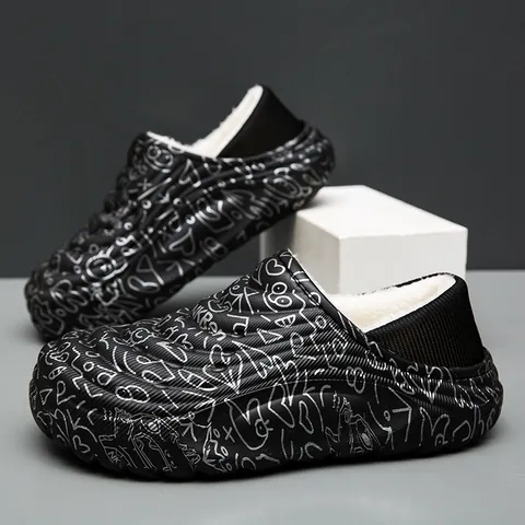Winter Men Women Waterproof EVA Cotton Slippers Warm Plush Lined Full Heel Graffiti Pattern Outdoor Indoor Home Shoes Plus Size