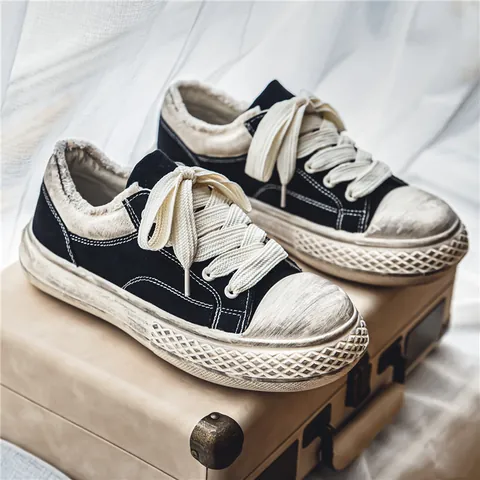 Zapatillas de Lona con Plataforma Vintage para Hombre Aspecto Sucio Retro Suela Gruesa Caña Baja Zapatillas de Skate Casuales