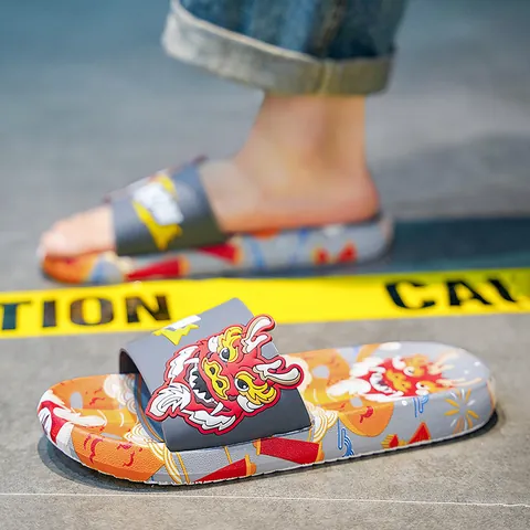 Men's Dragon Year Limited Edition Slides Casual EVA Soft Sole Anti-Slip Beach Sandals Chinese New Year 3D Dragon Decor